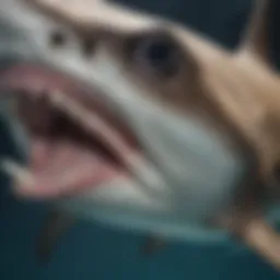 A close-up view showcasing the distinct hammer-shaped head of a hammerhead shark, highlighting its unique anatomy and adaptations.