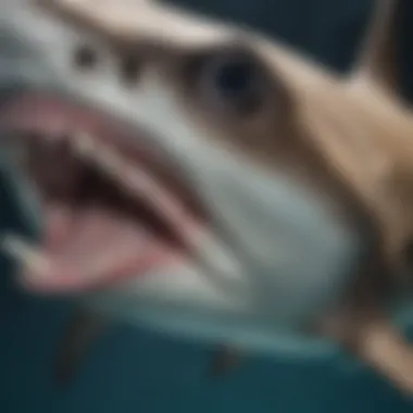 The Unique Anatomy of Hammerhead Sharks A close-up view showcasing the distinct hammer-shaped head of a hammerhead shark, highlighting its unique anatomy and adaptations.