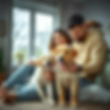 A family happily interacting with their Labrador puppy at home