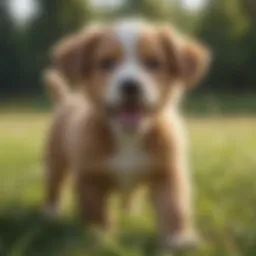 A happy puppy playing in a grassy field