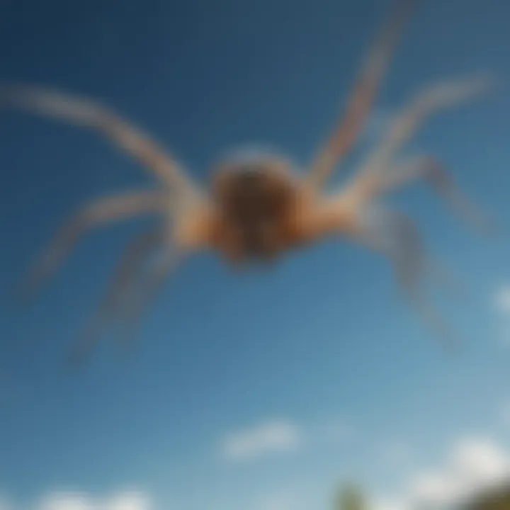 Illustration of a spider gliding through the air against a blue sky