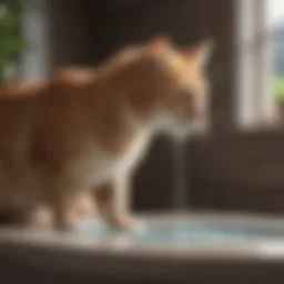 Elegant cat drinking from a modern fountain