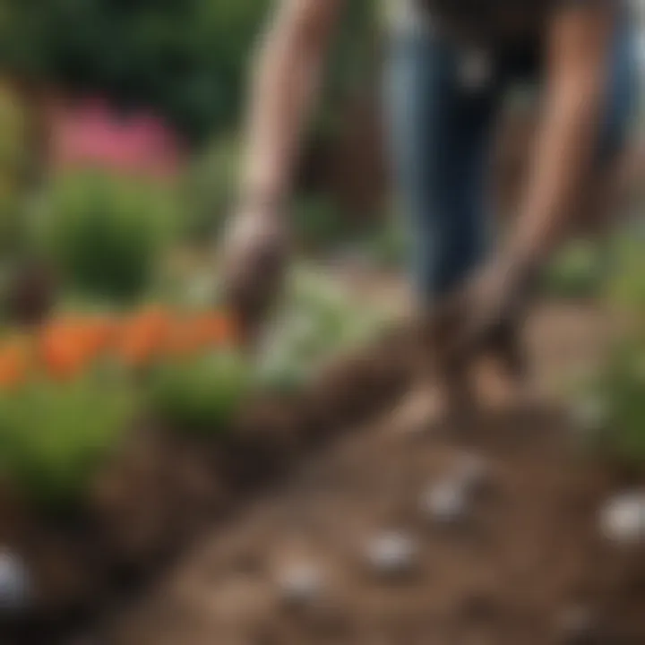 A gardener planting summer bulbs in a sunny garden bed
