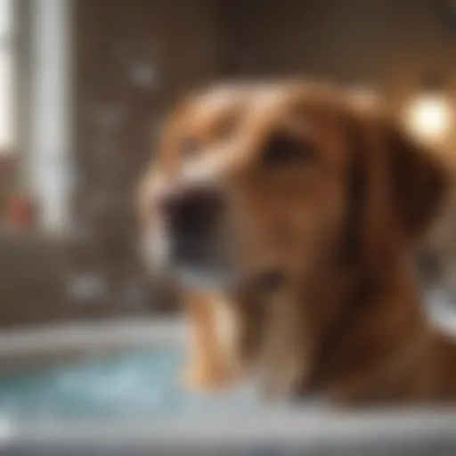 A calm dog enjoying a gentle bath with soothing bubbles.