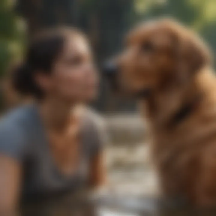 A pet owner gently rinsing a big dog with care