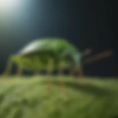 Close-up view of a vibrant green bug on a leaf, showcasing its distinct features.