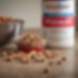 A close-up of Benadryl tablets beside a bowl of dog food