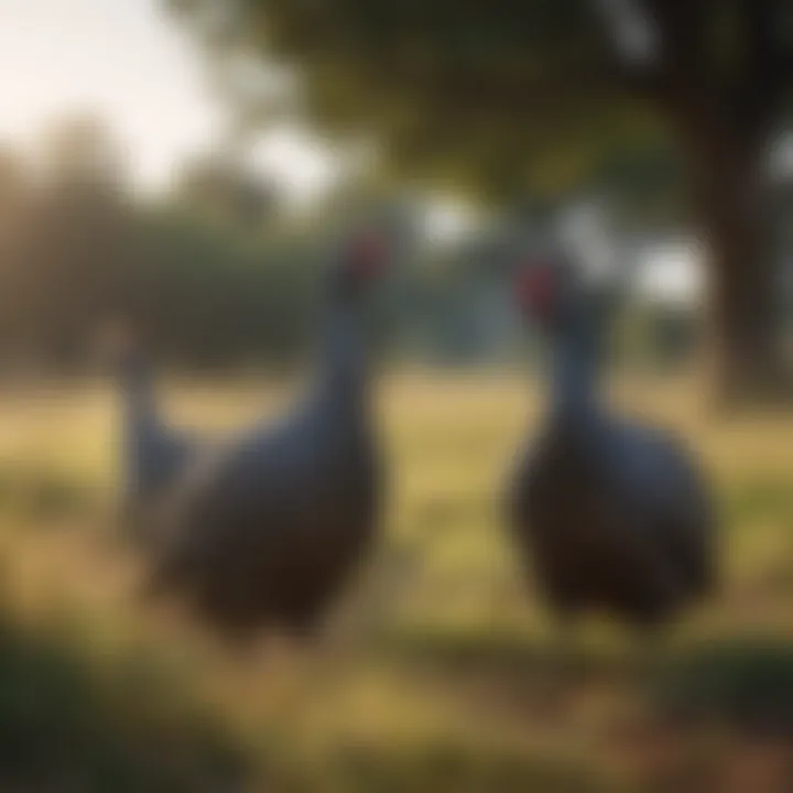 Group of guinea fowl in a field