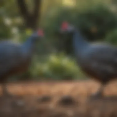 Guinea fowl foraging in a garden