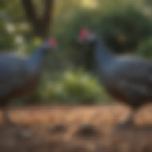 Guinea fowl foraging in a garden