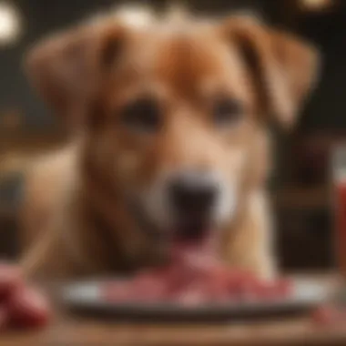 Healthy dog enjoying a meal featuring raw meat