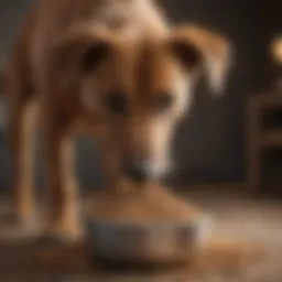 A large dog eating from a bowl filled with dry food