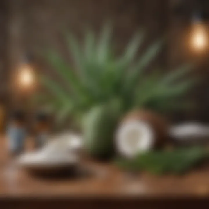 Natural remedies displayed on a table, including aloe vera and coconut oil