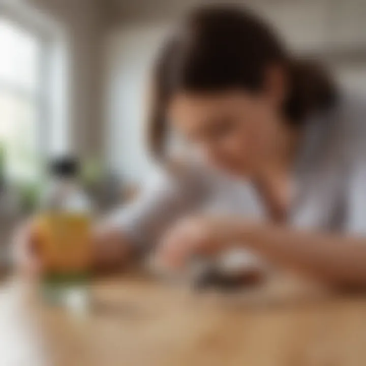 A pet owner applying insecticide in a home environment