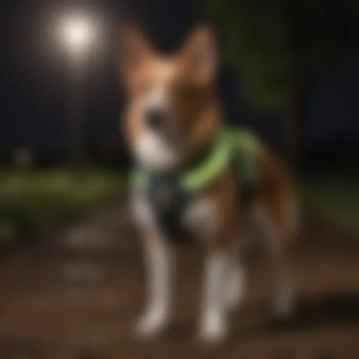 Dog wearing the Illumiseen LED Dog Vest during an evening walk