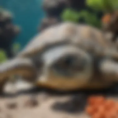 A close-up of a green sea turtle resting on a coral reef