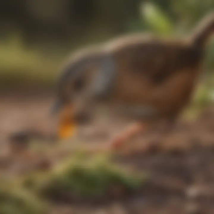 Close-up of a wren foraging on the ground