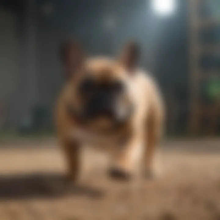 A trainer guiding a French Bulldog through basic commands.