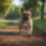 A French Bulldog enjoying a leisurely walk in a park.