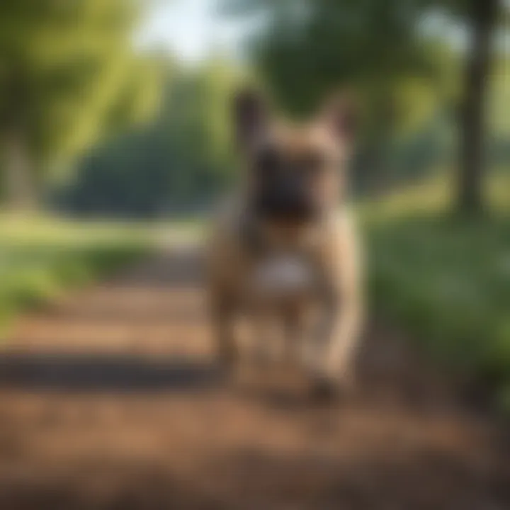 A French Bulldog enjoying a leisurely walk in a park.