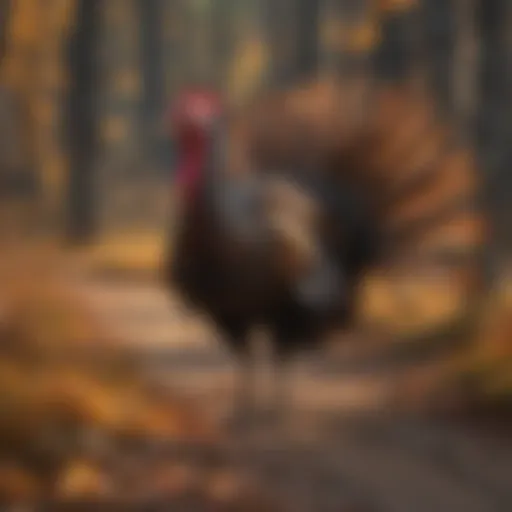 A close-up of a wild turkey strutting in nature