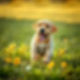 A playful Labrador puppy in a grassy field