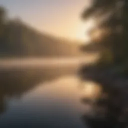 Tranquil lake at dawn with mist rising from the water