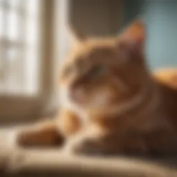 A close-up of a cat lounging comfortably in a sunlit room, showcasing a serene atmosphere.