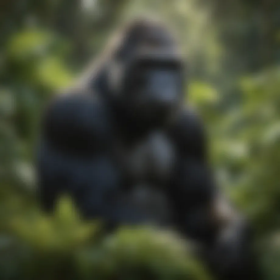 A lowland gorilla in its natural habitat surrounded by lush greenery