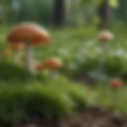 Lush green lawn with mushrooms sprouting