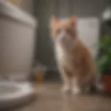 A cat curiously observing a toilet training kit
