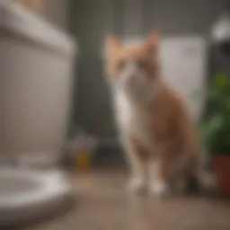 A cat curiously observing a toilet training kit