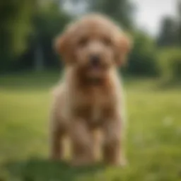 A Mini Goldendoodle puppy playing in the grass