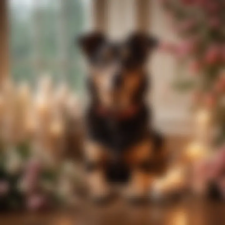 A heartfelt memorial setup with a photo of a dog surrounded by flowers and candles