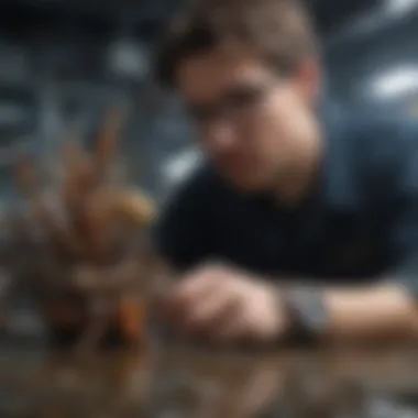 A researcher studying marine specimens in a lab.