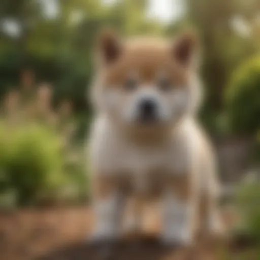 A playful Akita puppy exploring a garden