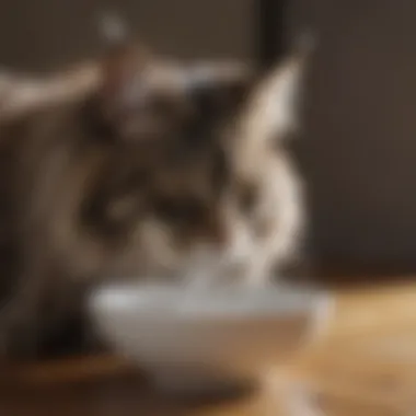 A Maine Coon cat drinking water from a stylish bowl.