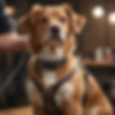 Groomer using a harness on a dog during a grooming session