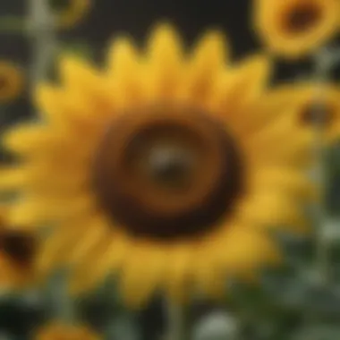 Honey bees on sunflowers under a clear sky