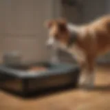 A curious dog investigating a litter box