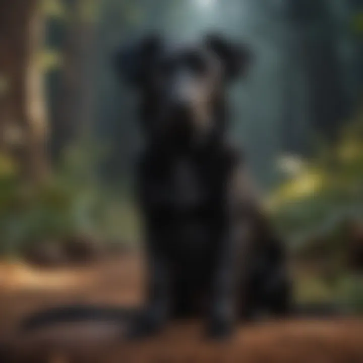 An artistic representation of mythology with a black dog symbolizing loyalty.