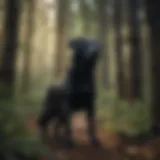 A majestic black dog standing in a forest, embodying the spirit of nature.