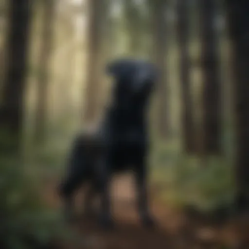A majestic black dog standing in a forest, embodying the spirit of nature.