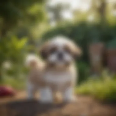 Shih Tzu Puppies at Play Shih Tzu puppies interacting in a vibrant garden setting.