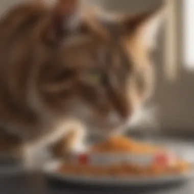 A cat examining Royal Canin kibble with intrigue