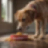 A dog curiously sniffing a bowl of Royal Canin food