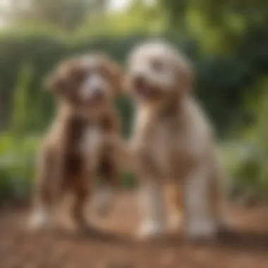 A Saddleback Aussiedoodle interacting playfully with its owner in a garden.