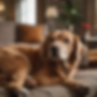 A gentle dog lying beside an elderly person in a cozy living room.