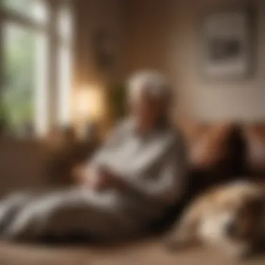 An elderly person relaxing at home with a loyal companion dog.