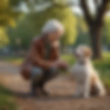 A small dog happily playing with an elderly individual in a park.